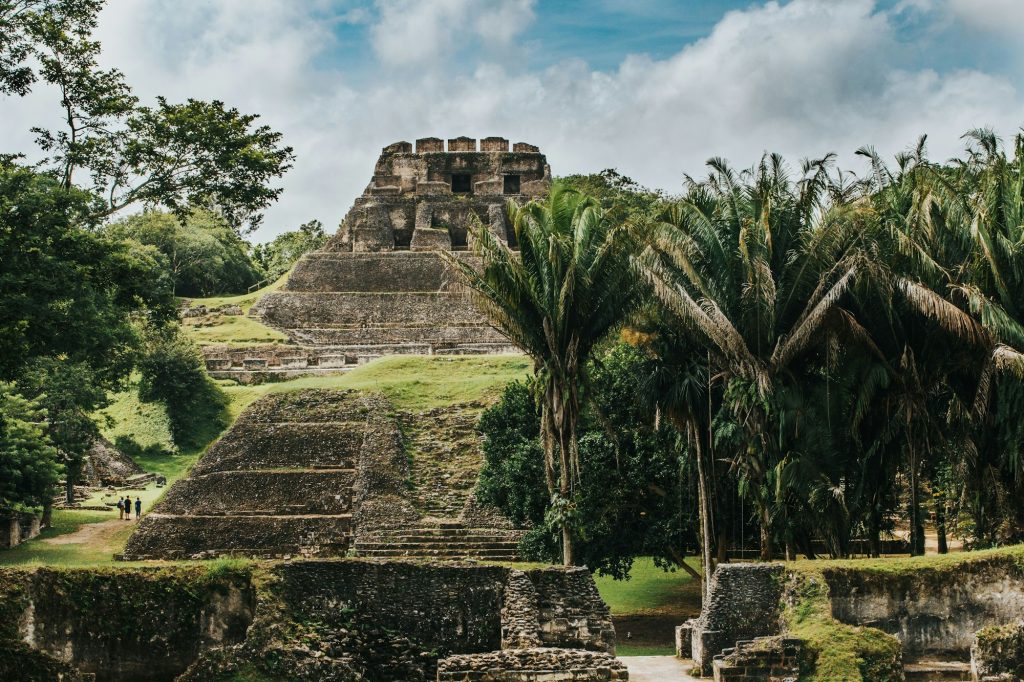 Closeup of the El Castillo archaeological site with trees at Xunantunich